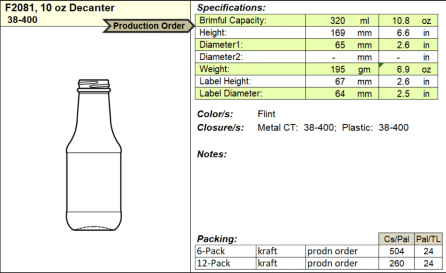 10 oz Cocktail Bottles 38-400 Finish