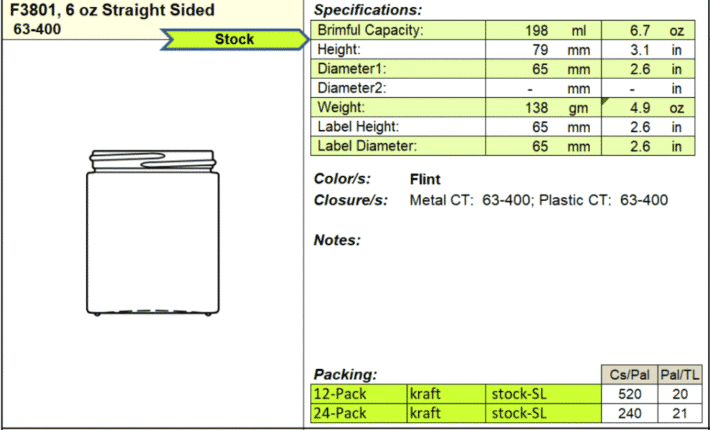 6 oz. Straight Sided Glass Jar, 63mm 63-400